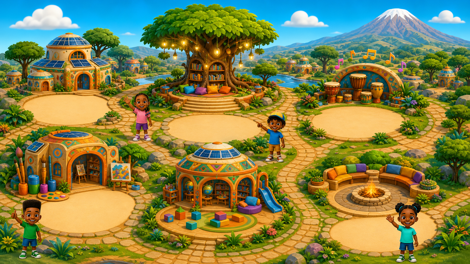 Cartoon map of Enoid Village with a Story Tree, Rhythm Garden, Maker Studio, Wonder Hub and Community Circle